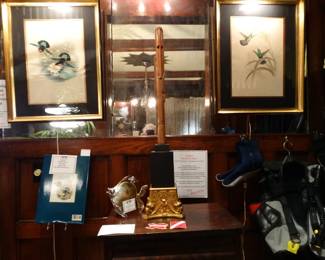Pr. Of Beautifully Framed J. Gould Hummingbird  Prints 1849-1861- A Real Shell Fish and a TallHand Carved Wooden Heas by Famous New England Wood Sculpter Arist