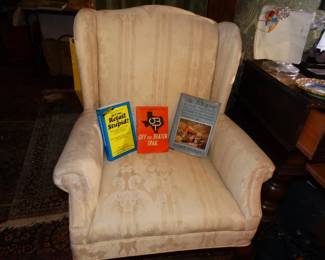 One of a Pair of Small Wingbacak Custom Upholstered Clean Chairs & More Books