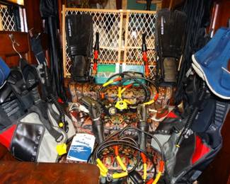 2 Complete Sets of Scuba Diving Gear only used Twice (2 Sizes) Med & XXXLg Complete Diving Knives at Desk  All US Divers & Custeau Purchased Oct. 16, 1990