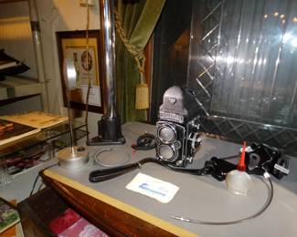 1950s Rolleiflex Camera w/ Remote Trigger, Case & Book - Behind 1 of a pair of Vintage 2ftx5 ft Cut Glass Panels