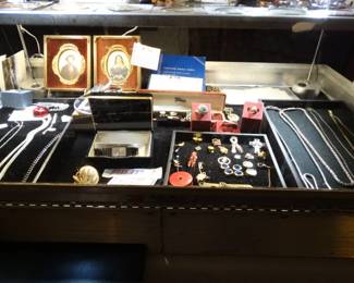 Neck Chains, Pr Antique Hand Painted MIniature Portraits, Unisex Cartier Wrist watvh, Ladie's 14K Gold Pockeet Watch w/ Engraved Case & Chain, Pins Etc.