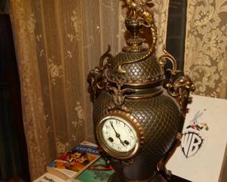 Super French All Metal Fish Sace Boeied Clock w/ Ddragon Finial Grotesque Lion or Ram Handles by French Japy bros about 1901