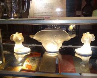 Fine Depression Era Frosted Glass "Fish" Center BOwl w/ Pr Matching Candle Holder