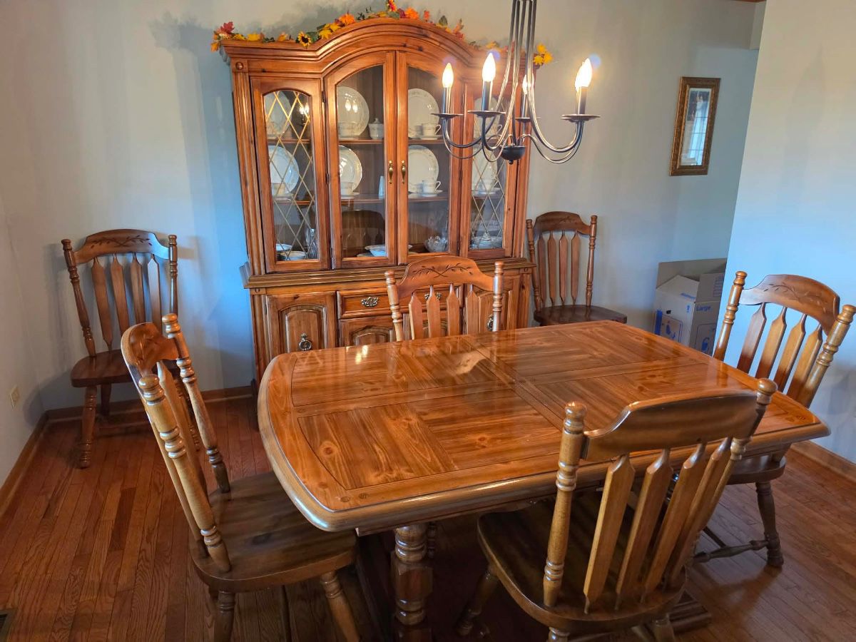 knotty pine wood vintage dining room or eat in kitchen table and hutch
