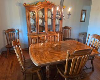 knotty pine wood vintage dining room or eat in kitchen table and hutch