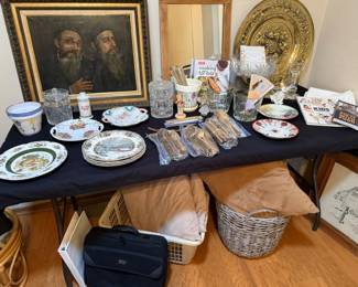 Vintage plates, original oil two men, mirror, flatware, pillows, baskets