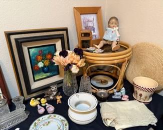 English potty, flower pots, crystal vases, vintage doll