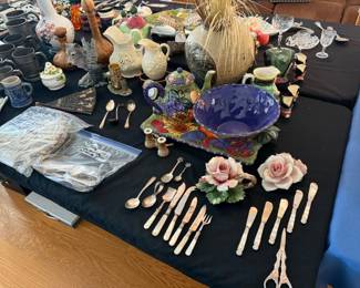 Mother of pearl knife set, utensils, flatware, pitchers, bowls and tea pots