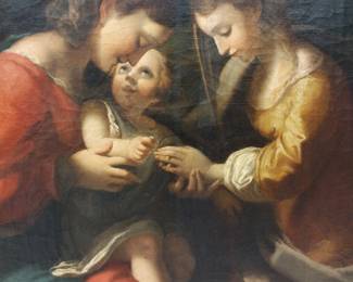 ANTIQUE OIL ON CANVAS STUDY OF THE MYSTIC MARRIAGE OF ST. CATHERINE