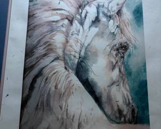 Large framed signed watercolor of horse - mystical appearance.