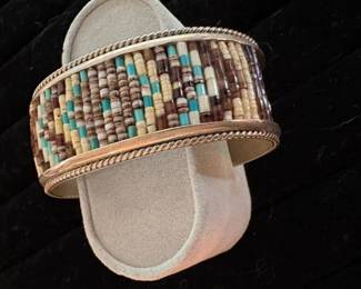 Nice heavy sterling cuff bracelet with inlay mosaic.