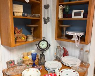 plates, decor, cake stands, clocks
