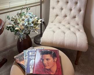Upholstered Tufted Side Chair; Floor Lamp; Ottoman; Elvis Books and Magazines; Large Decorative Vase