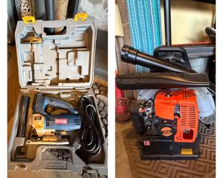 Ryobi Orbital Scrolling Jig Saw with Laser and Case JS550L; HTK Power Blower (garage)