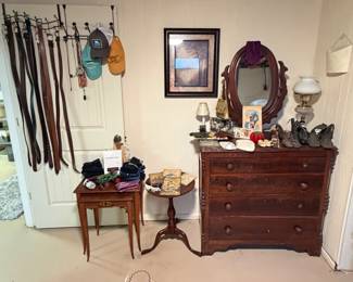 Antique Dresser with Mirror; Antique Shoes; Vintage Purses & Gloves; Vintage Books; Nesting Tables; Round Side Table; Mens Belts