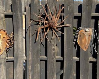 Handmade Metal Garden Art Faces; Wooden Branch Garden Art Face (now located on the patio)