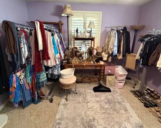 Ladies Clothes (mainly M-L)  and Shoes (mainly size 8); Clothing Racks