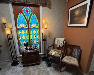 Vintage Upholstered Wooden Side Chairs; Broyhill Nightstand; Floor Lamps; Doilies; Branch Broom; Vintage Command-Air 10in Fan #2403?; Decor **Stained Glass Window and Wooden Ornate Valance are NOT part of the sale**