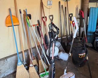 Gardeb Tools; Shovels, Rakes, Pitch Fork; Brooms; Duster; Dustpans; Wooden Wagon WheelSho- Vac (missing Wheel); Chapin 1 Gallon Sprayer; Shark Steam & Scrub; Alfa Bot Scrubber (garage)