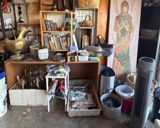 Desk; Small Wooden Open Book Case; Vintage Books; Brass Coal Scuttle Bucket; Sad Iron; Desk Lamps; Baskets; Metal/Crystal Ornate Chandelier; Tiles for Crafting; Hammered Alum. Dutch Oven; Fabric Quilted Mermaid Lady Door Hanging; Buckets; Tower Fan (garage)