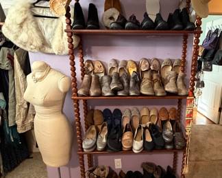 Wooden Shelving Unit; Fur Shawl; Dressmakers Dress Mannequin; Ladies Shoes (Mainly Size 8)