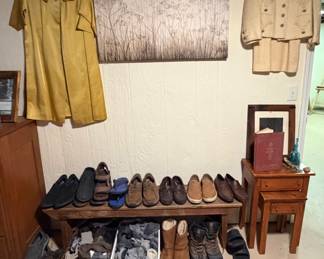 Vintage Clothes; Wooden Bench; Mens Shoes (10-1/2 & 11); Mens Socks; Nesting Tables