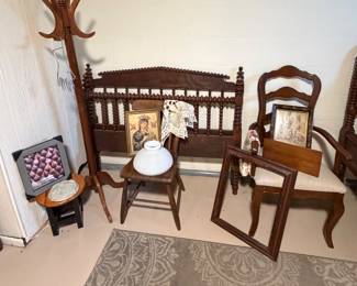 Hall Tree; Antique Headboard/ Footboard; Wooden Side Chairs; Pictures