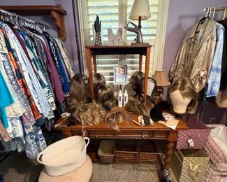 Ornate Writing Desk; Wooden Side Table; Floor and Desk Lamos; Wigs; Wig Forms; Vanity Stool; Organizing Baskets; Ladies Clothes (mainly M-L)