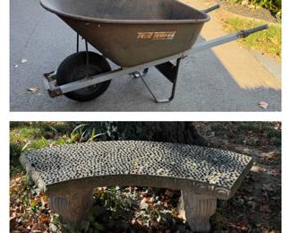 True Temper Wheel Barrow; Concrete Bench (3pcs) **concrete bench is in the front yard by the tree...will remain there until paid for and buyer will lift and load**