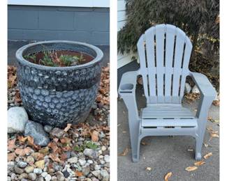 Large Ornate Planter; Plastic Adirondak Chair with Cup & Phone Holder