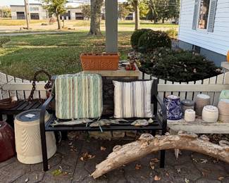 Patio Benches; Planters; Gazing Ball; Driftwood; Vases