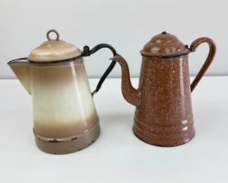 Lot 121 Two Vintage Enamelware Coffee Pots Tan Cream and Brown Spe