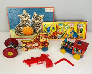 Lot 036 Vintage Toy Lot N.N. Hill Dog, FisherPrice Train, Kusan Gun