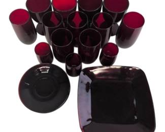 Lot 029 Ruby Red Glass Tableware Lot Tumblers, Wine Glasses Plates