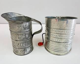Lot 124 Vintage Bromwells Flour Sifter Metal Measuring Pitcher