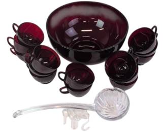 Lot 010 Vintage Ruby Red Glass Punch Bowl Set with Clear Glass Ladle
