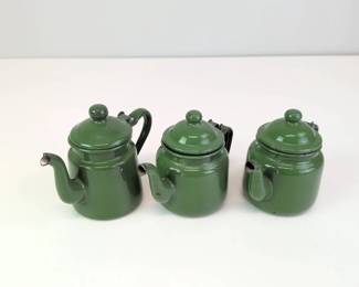 Lot 120 Three Small Green Enamelware Coffee Pots Approximately 5 Ta