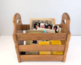 Lot 083 Wooden Slat Magazine Rack with Vintage Collectible Magazines