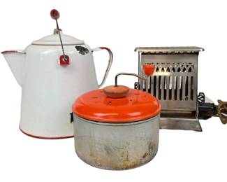 Lot 137 Vintage Popcorn Popper, Toaster Enamelware Kettle