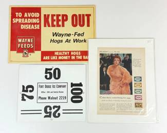 Lot 154 Vintage Wayne Feeds Farm Advertising Sign, Fort Dodge Ice Co
