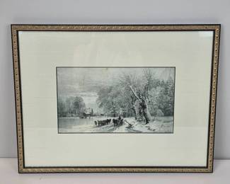 Lot 147 Framed Winter Landscape Lithograph with HorseDrawn Sleighs