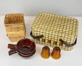 Lot 032 FallThemed Vintage Lot Picnic Tin, Wooden Baskets, Soup Bow
