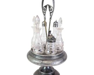 Lot 149 Vintage Silver Metal Condiment Caddy with Cut Glass Bottles