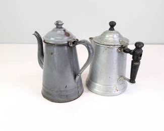 Lot 122 Two Vintage Coffee Pots Gray Enamelware Metal with Wooden