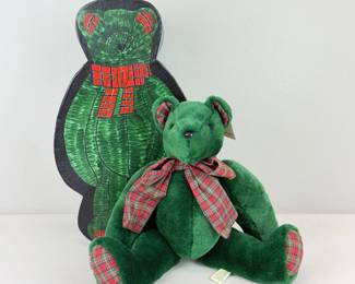 Lot 079 Haus of Klaus Plush Green Velvet Teddy Bear with Plaid Bow a