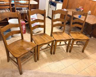 4 Wood Dining Chairs Overall good condition  19” across x 18” deep x 18” tall to seat must be able to move and load yourself.