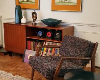Herman Miller Record Cabinet, MCM Chair, Burke "Tulip" Table