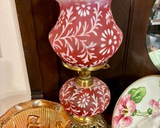 Fenton Cranberry Satin Glass Daisy and Fern Lamp