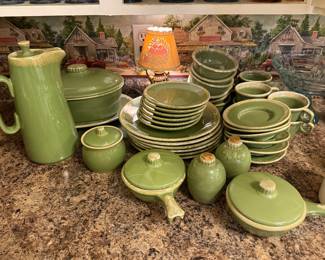 Vintage Hull Pottery Service for six plus serving pieces. Stunning Green Drip Glaze. Excellent condition. *one cup has a broken handle*