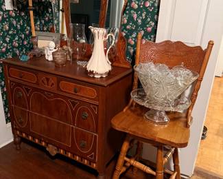 Antique dresser. Punch bowl with cups and base. Set of four wooden barstools.